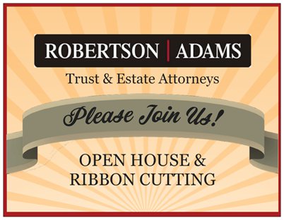 A colorful card with a background of sunrays inviting guests to "Please Join Us!" for an Open House & Ribbon Cutting.